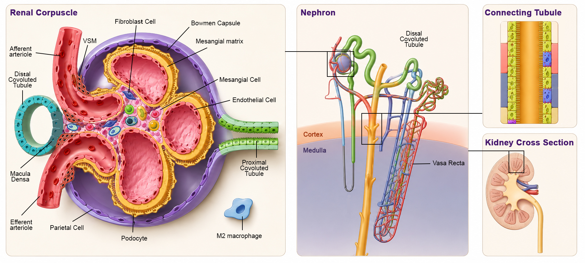 Anatomical illustration of the renal corpuscle, nephron, connecting tubule and kidney cross-section, with labelled cell types.